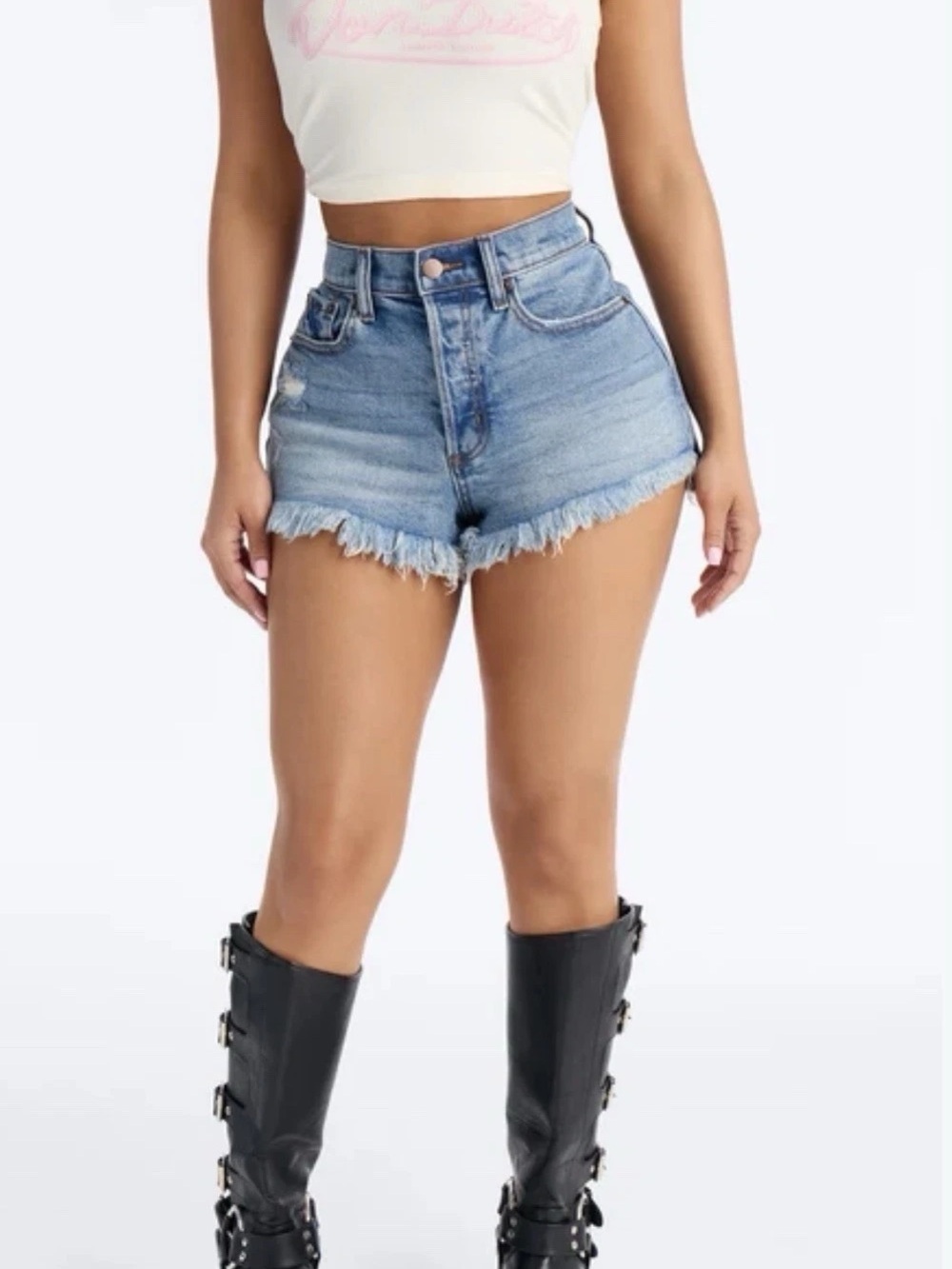 Fashion Nova Light Blue High-Rise Frayed Hem Denim Shorts